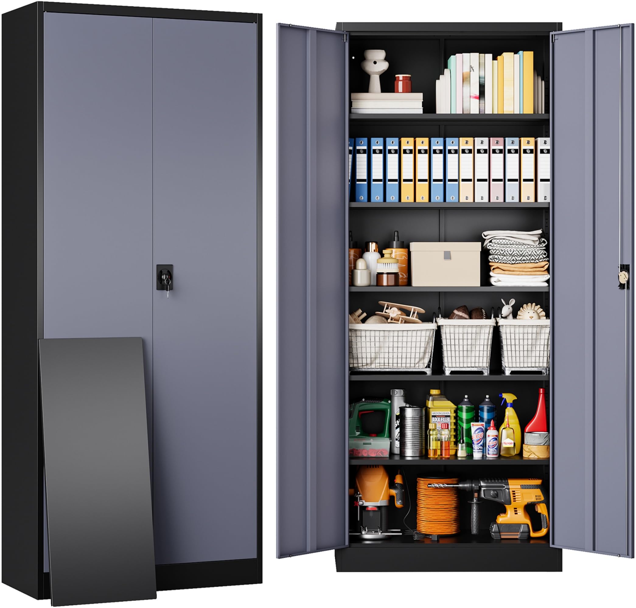 SISESOL Metal Garage Storage Cabinet with Doors and Shelves, 71 Multifunctional Garage Storage Closet Large Garage Locker with A