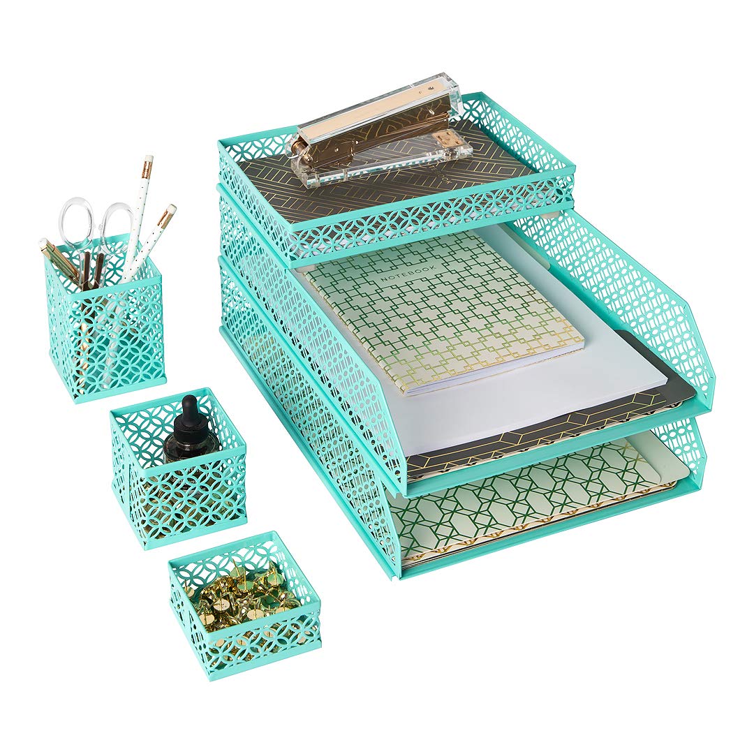 Blu Monaco Office Desk Organizers And Accessories 6 Piece Interlocking Aqua Desk Organizer Set - Office Organizer