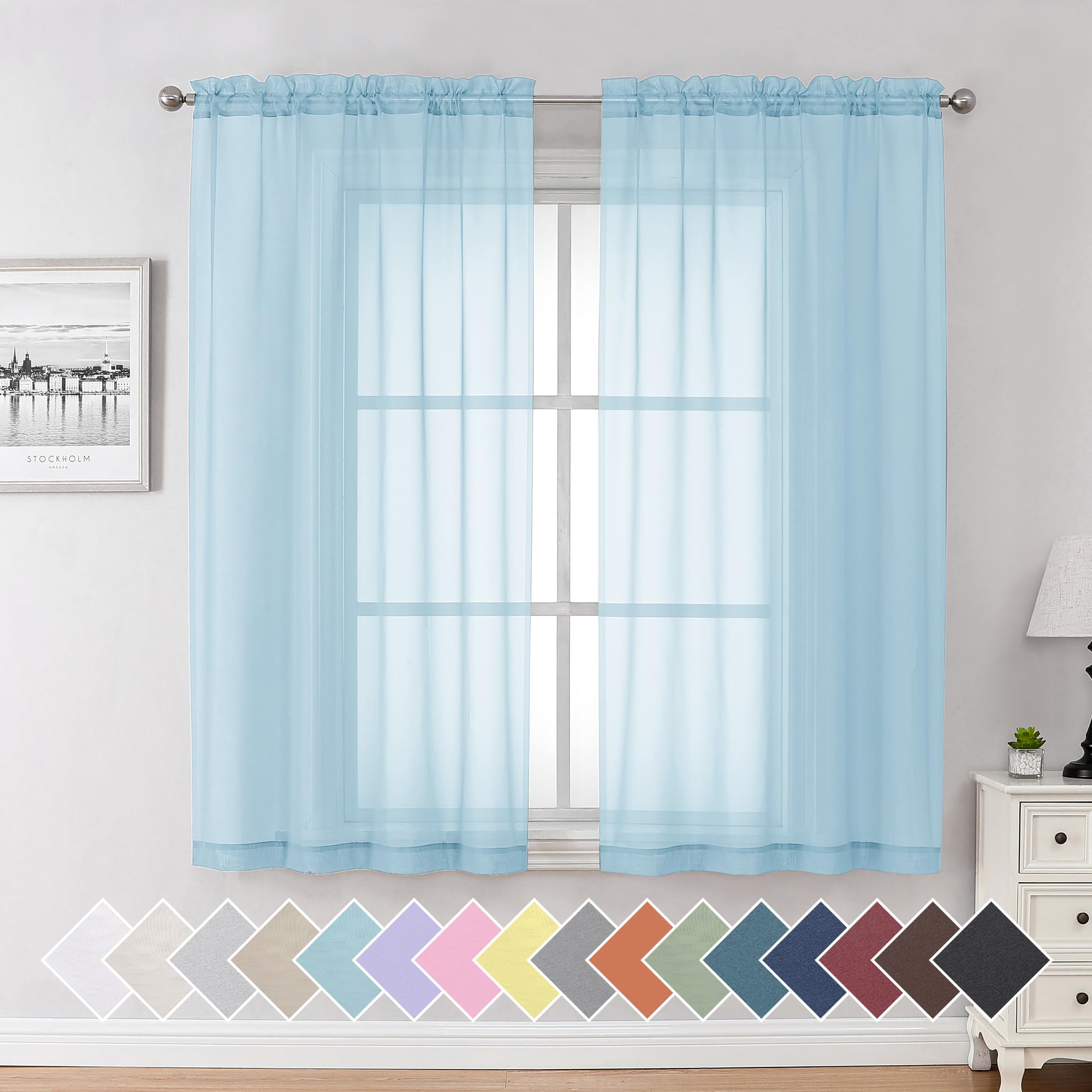 Aiyufeng 2 Pack: Basic Sky Blue Sheer Curtain Drapes 63 Inch Length 2 Panels for Living Room, Light Filtering Voile Drapes for B