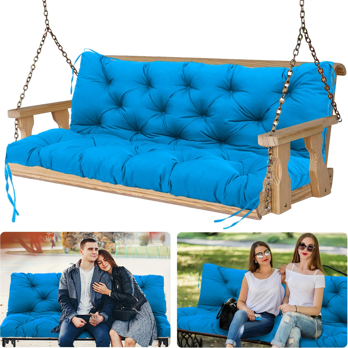 Outdoor Swing Cushions 2 Seater Waterproof Porch Swing Cushions With Backrest Thicken 5' Swing Cushion Replacement With Ties Be