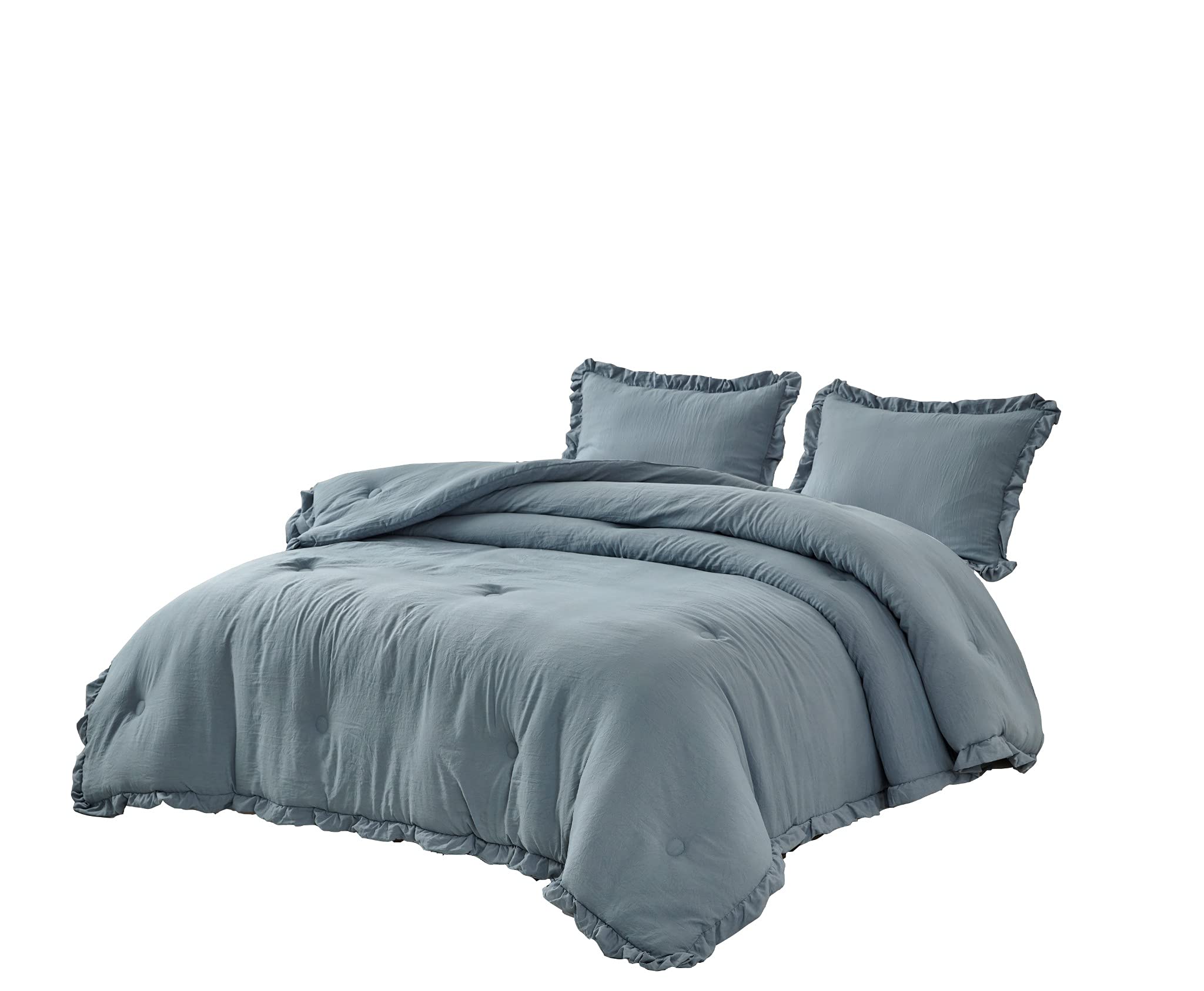 Chezmoi Collection Nora 3-Piece Ruffled Edge Trim Soft Washed Microfiber Comforter Set (Queen, Dusty Blue)