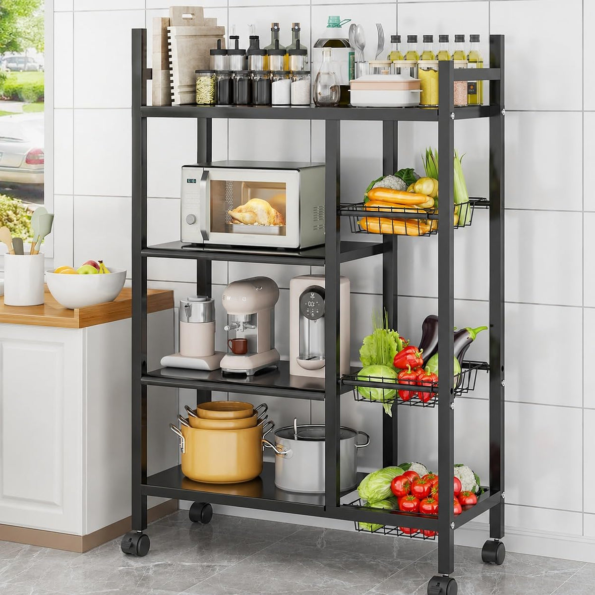 Hukimoyo 4Tier Metal Kitchen Storage Rack with Lockable Wheels Trolley Storage Cart for Kitchen Organizer with Removable 4 Mesh