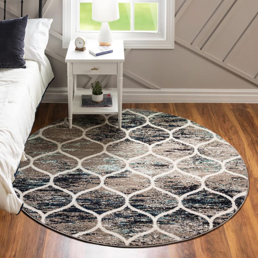 Unique Loom Trellis Frieze Collection Area Rug - Rounded (4' Round, Blue Multi/ Ivory)