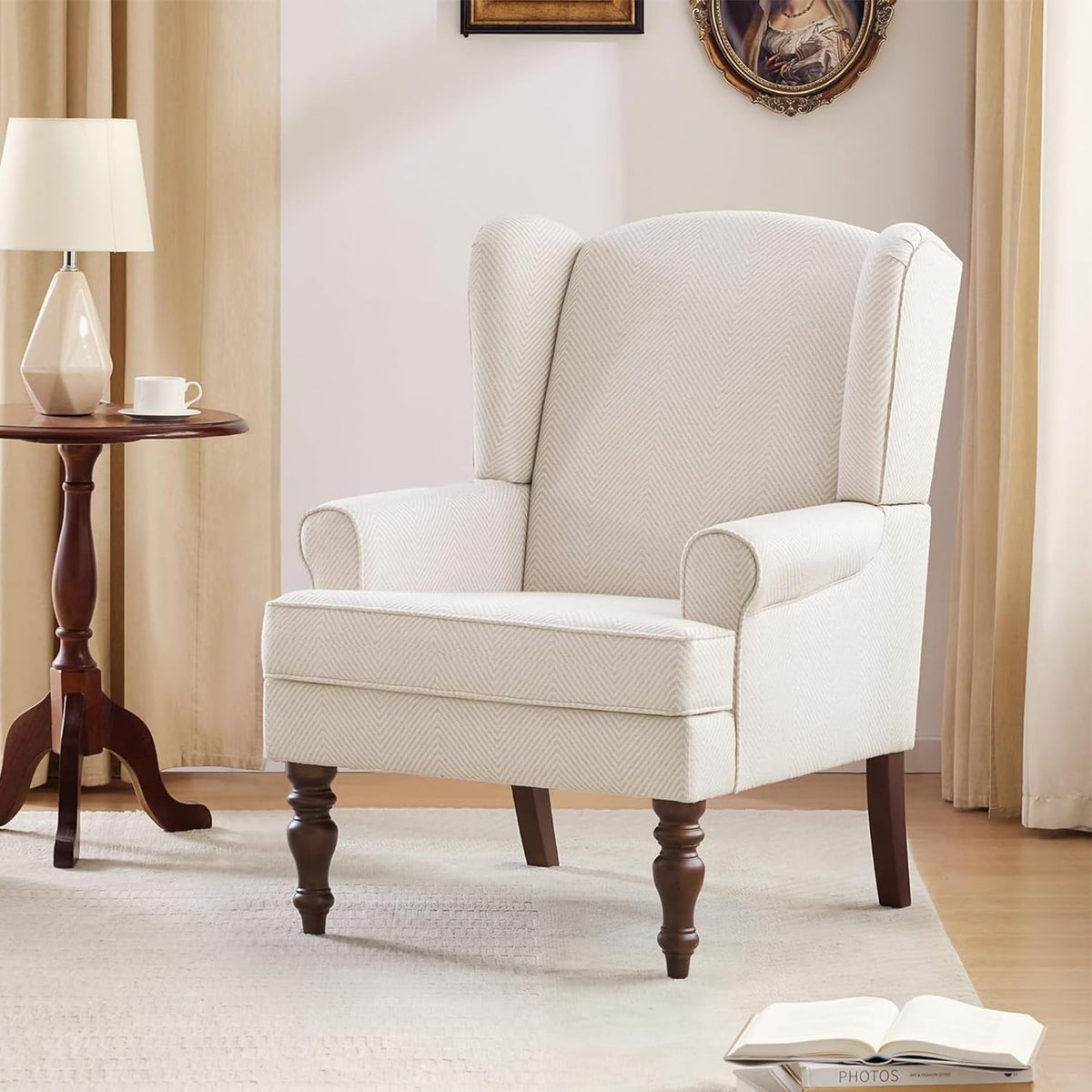 Huimo Living Room Chair Upholstered High Back Armchair Retro Printed Wingback Chair In Linen For Bedroom & Study Comfy Accent So