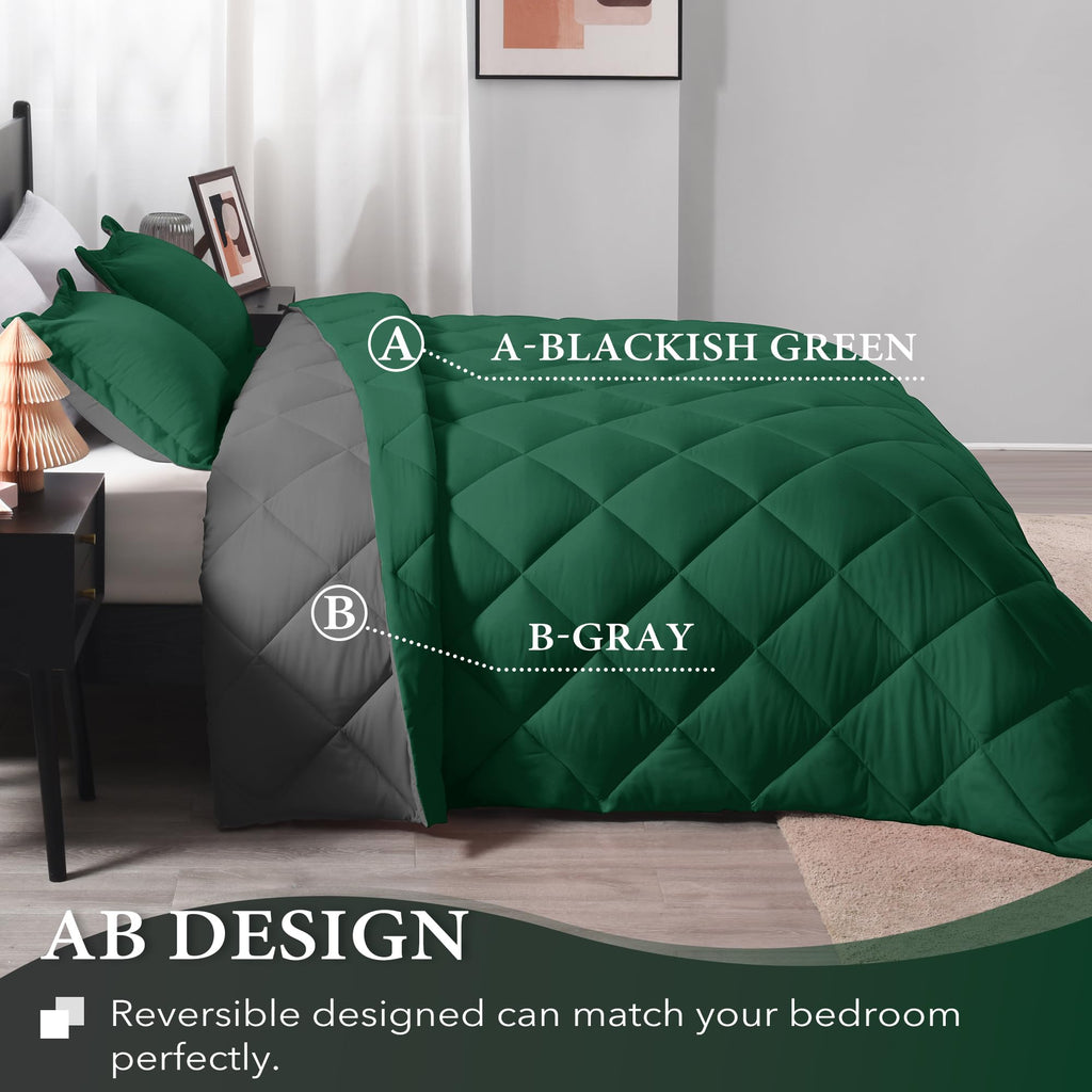 Downluxe Twin Comforter Set - Dark Green And Grey Twin Comforter, Soft Bedding Comforter Sets For All Seasons, Twin Bed Comforter Set - 2 Pieces - 1 Comforter (66'X92') And 1 Pillow Sham(20'X26')