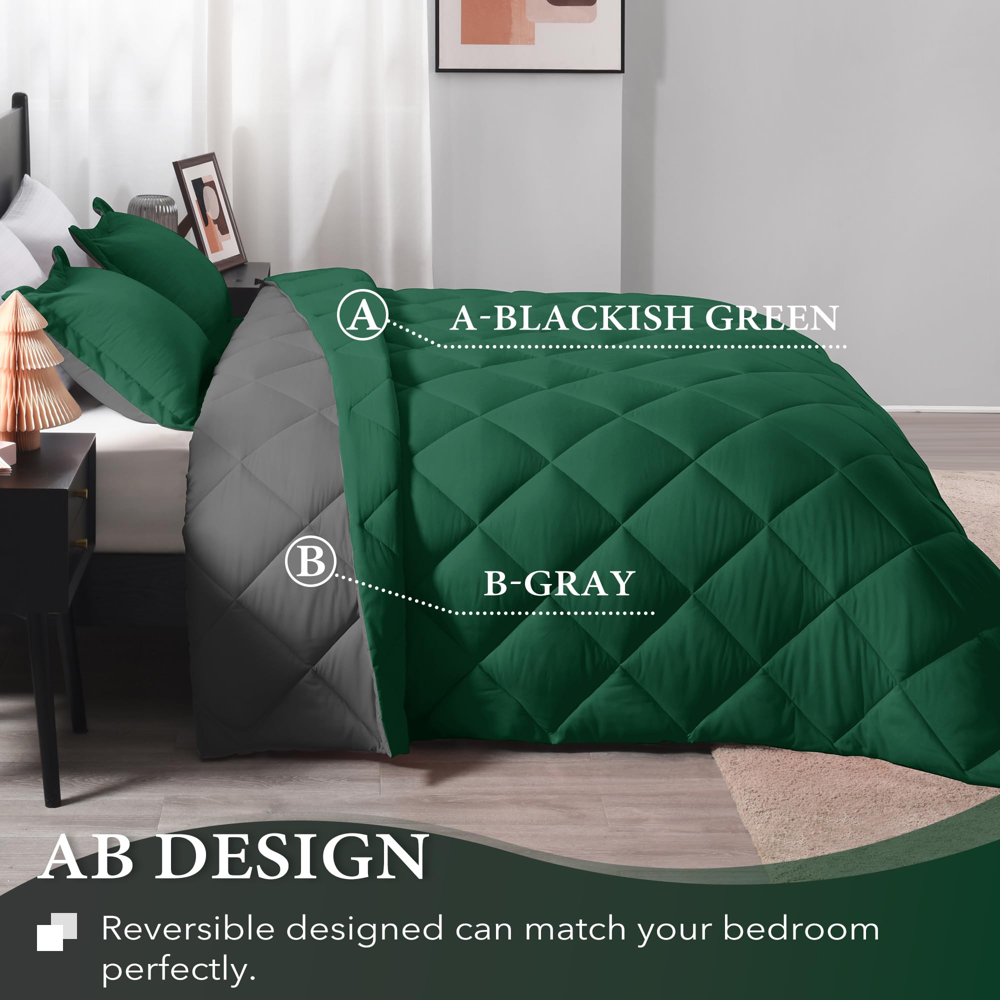 Downluxe Twin Comforter Set - Dark Green And Grey Twin Comforter, Soft Bedding Comforter Sets For All Seasons, Twin Bed Comforter Set - 2 Pieces - 1 Comforter (66'X92') And 1 Pillow Sham(20'X26')