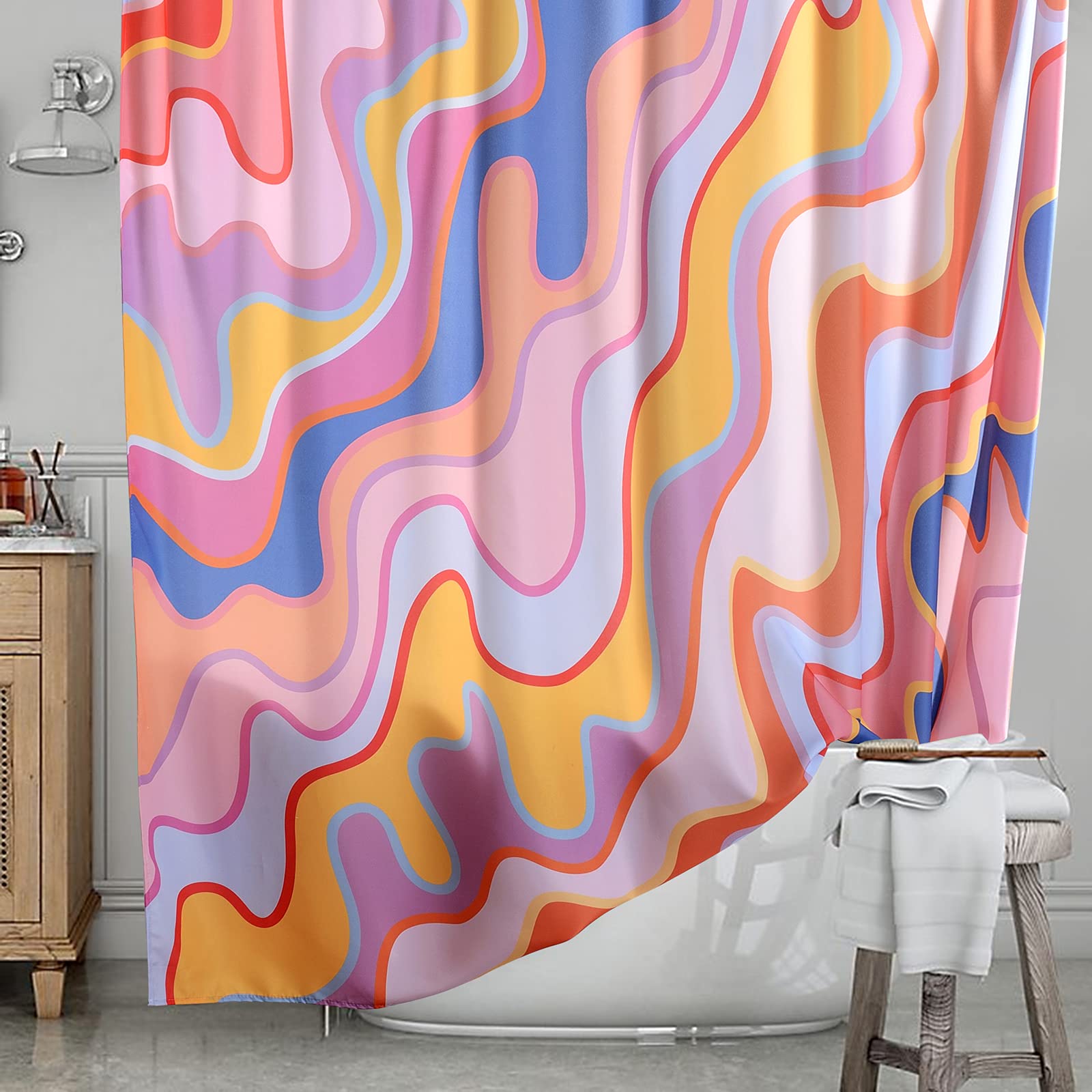 Yokii Vintage Abstract Art Stall Shower Curtain -36 Inches Colorful Groovy Waves Stripes Geometric Half Small Fabric Shower Curt