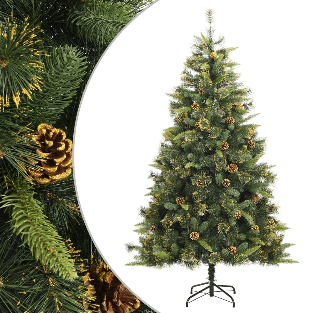 vidaXL 70.9&quot; Artificial Hinged Christmas Tree - Lifelike Green PE Tips, Pine PVC Tips, Decorative Cones, Sturdy Metal Stand - Eco-Friendly Reusable Holiday Decor