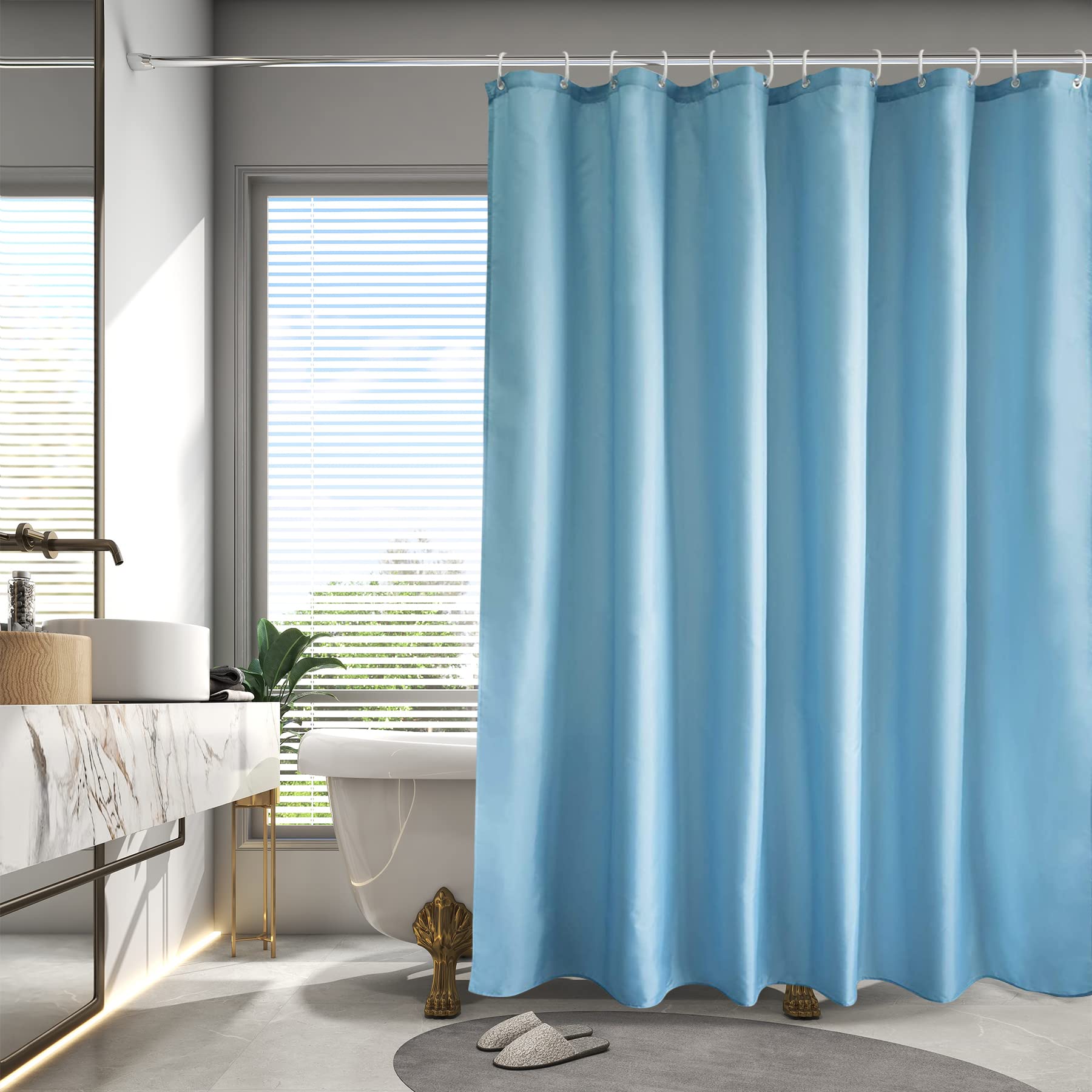 AooHome Extra Long Shower Liner, Fabric Bathroom Curtain with Hooks for Hotel, Weigthed Hem, Waterproof, 72 x 84 Inch, Blue