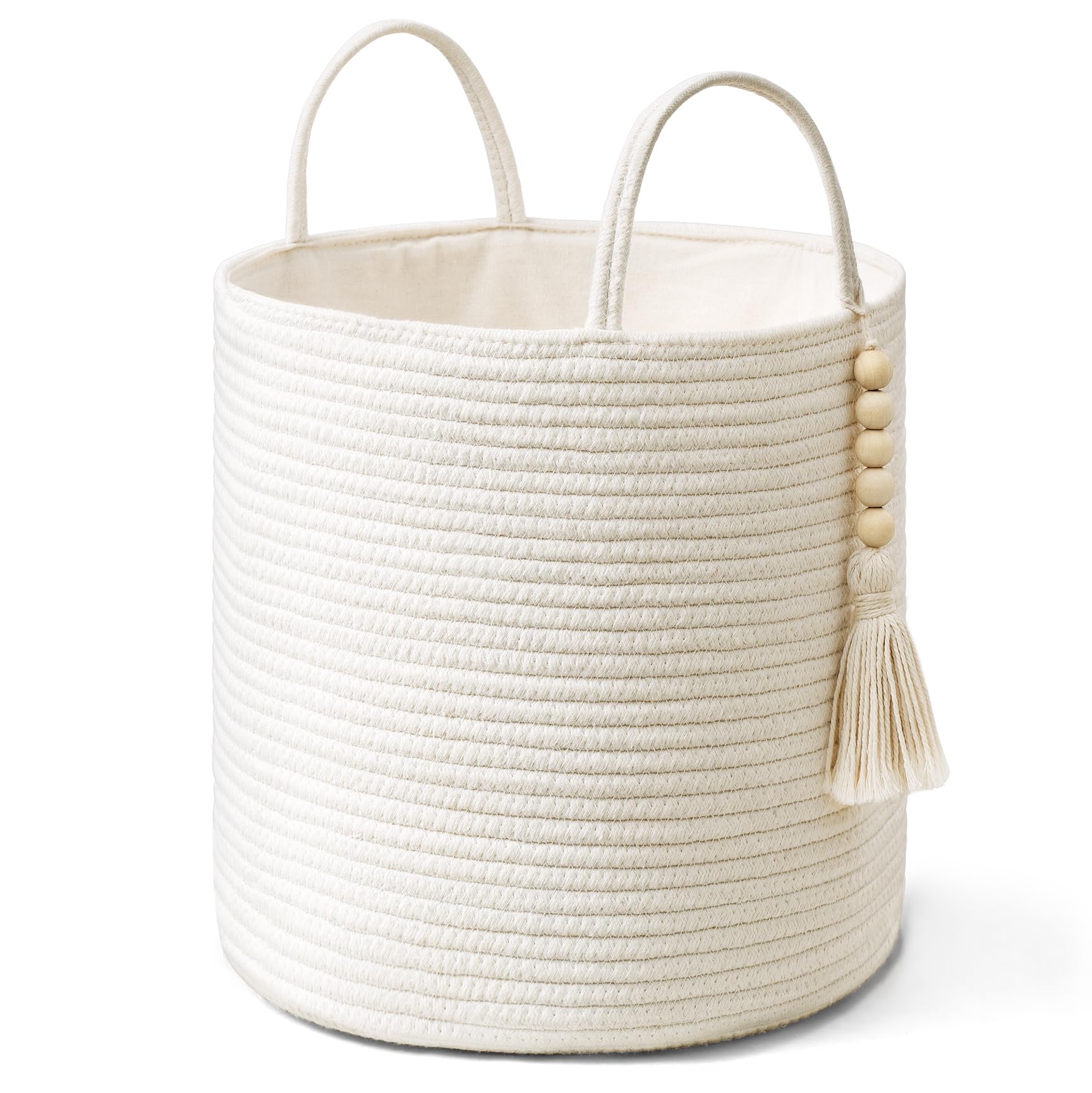 Mkono Woven Storage Basket with Handles Decorative Cotton Rope Basket Wooden Bead Decoration for Blankets,Toys,Clothes,Living Ro