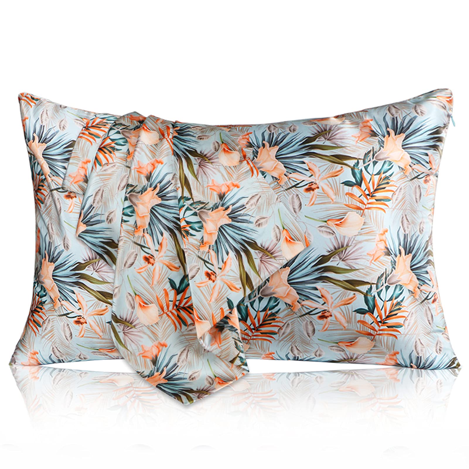 Mansphil Tropical Floral 100% Silk Pillowcase King Size, Green Palm Tree Printed, 22 Momme Mulberry Silk Pillow Cases Cover For