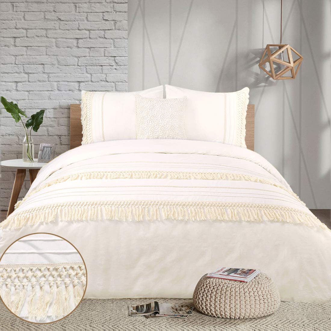 Yinfung Tassel Duvet Cover Set Queen Fringed Cotton Boho Macrame Crochet Ivory Cream Fringed Elegant Pretty Boho Chic Bohemian O