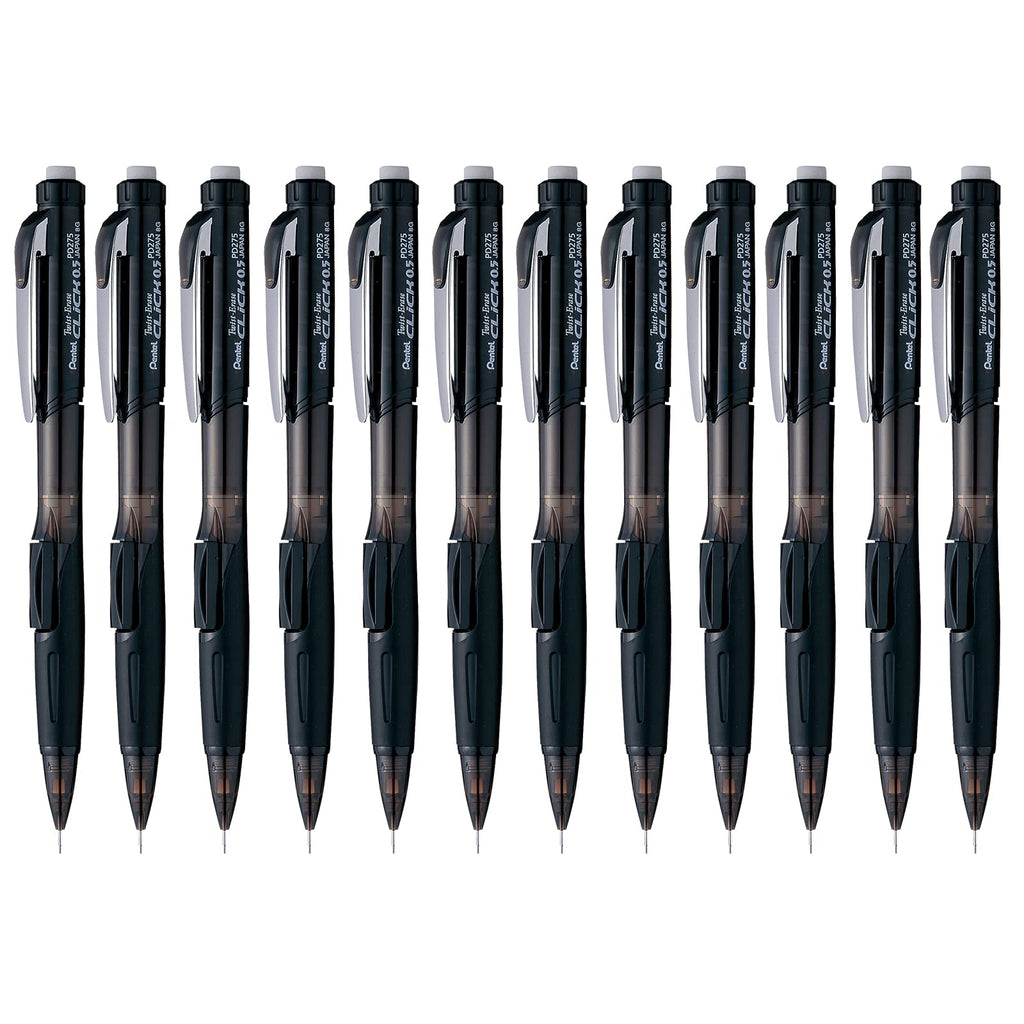 Pentel Twist Erase Click Mechanical Pencil, Pack Of 12, 0.5Mm, Clear Barrel, Black Grip (Pd275Ta)