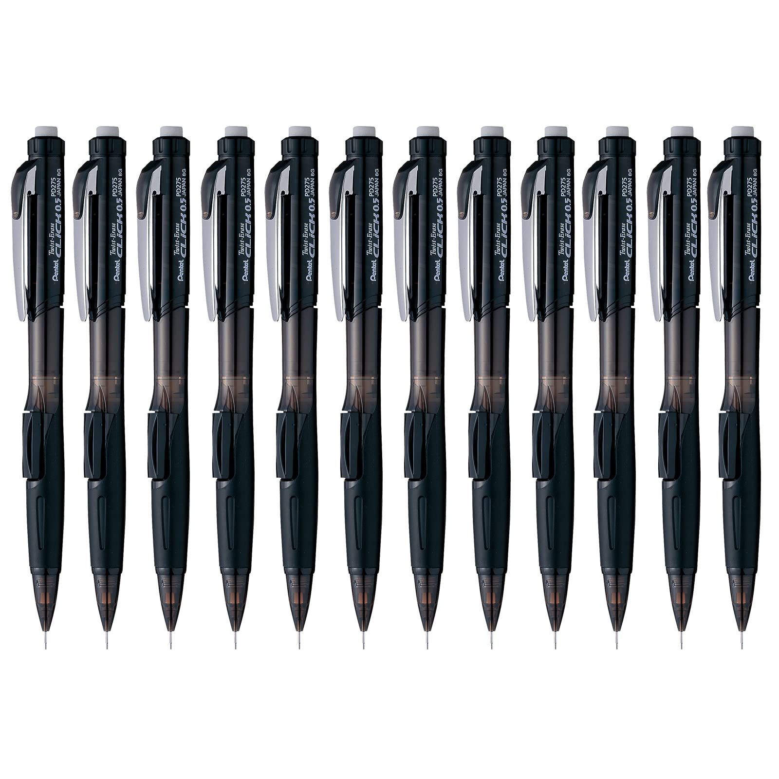 Pentel Twist Erase Click Mechanical Pencil, Pack Of 12, 0.5Mm, Clear Barrel, Black Grip (Pd275Ta)