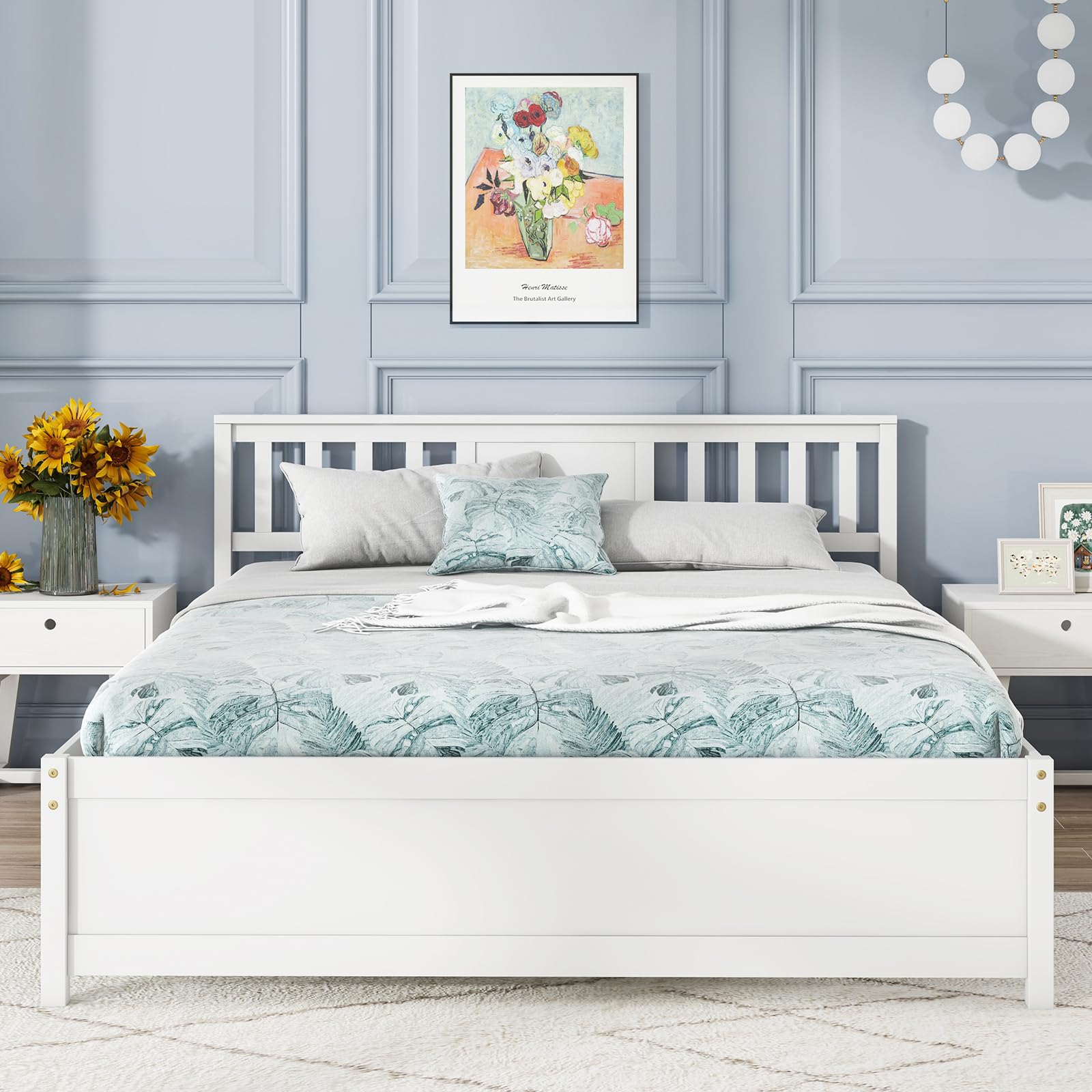 Giantex Queen Size Solid Wood Platform Bed Frame, Mid Century Queen Bed Frame with Headboard, Wooden Slat Support, Queen Panel B