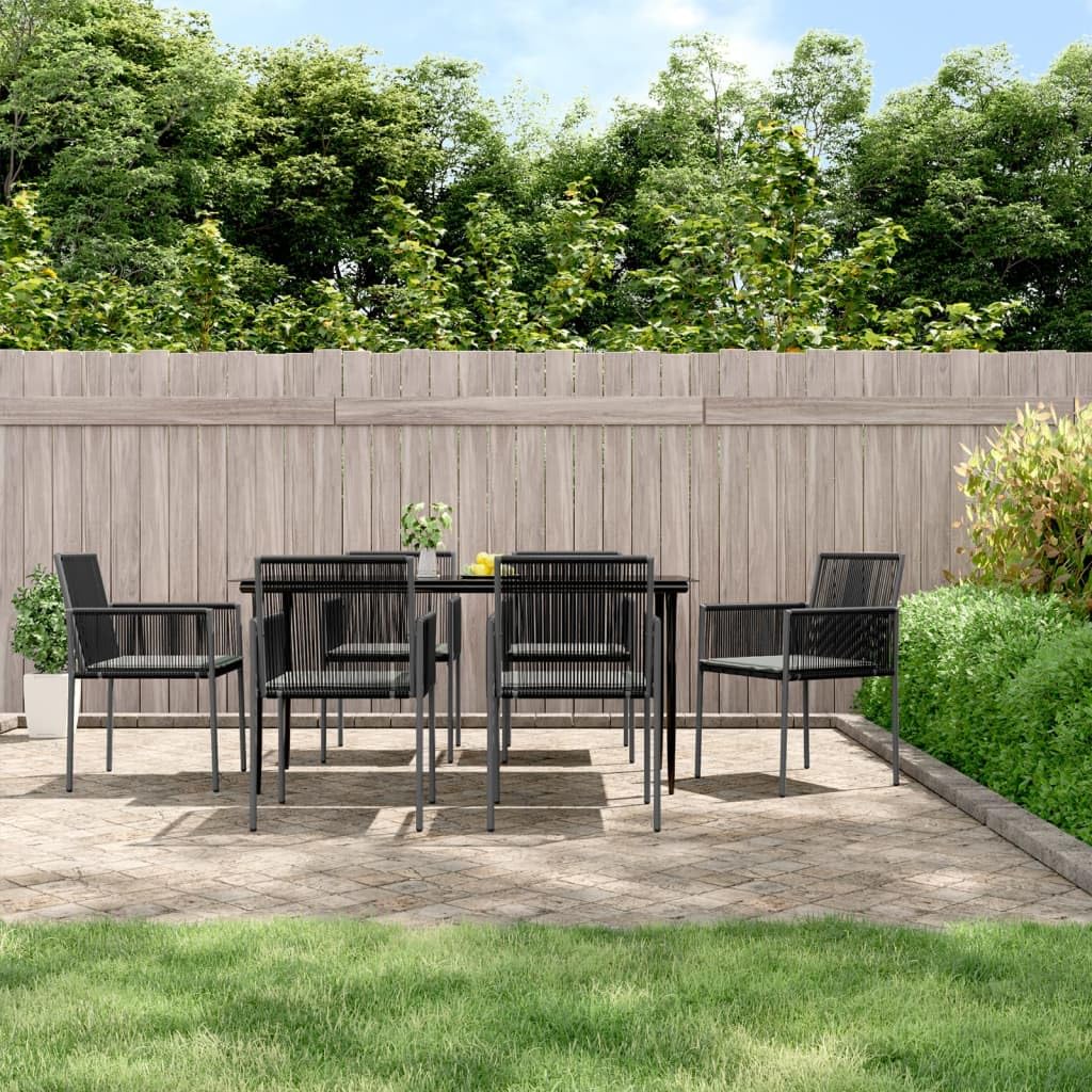 vidaXL Comfortable Patio Dining Set with Cushions - Weather-Resistant Black Poly Rattan and Steel Construction - 7 Pieces - Rectangular Glass Top Table - 6 Chairs with Armrest and Backrest - Light...