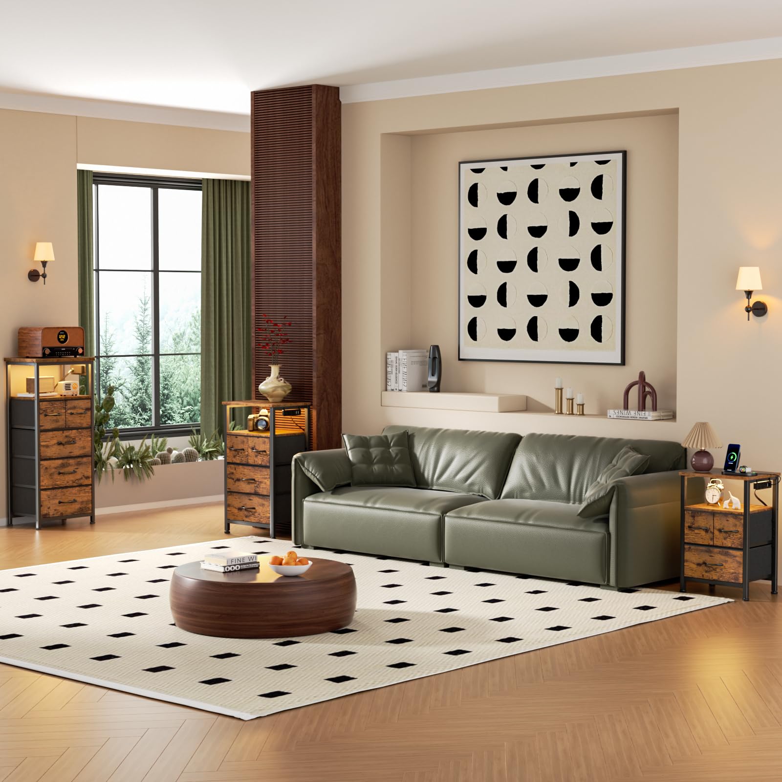 Furnulem Dresser For Bedroom, Tall Nightstand, Vertical Chest With Wood Top, Charging Station, Led Lights, 5 Fabric Bins, Bedside Table With Shelf, Furniture For Entryway (5 Drawer, Rustic Brown)