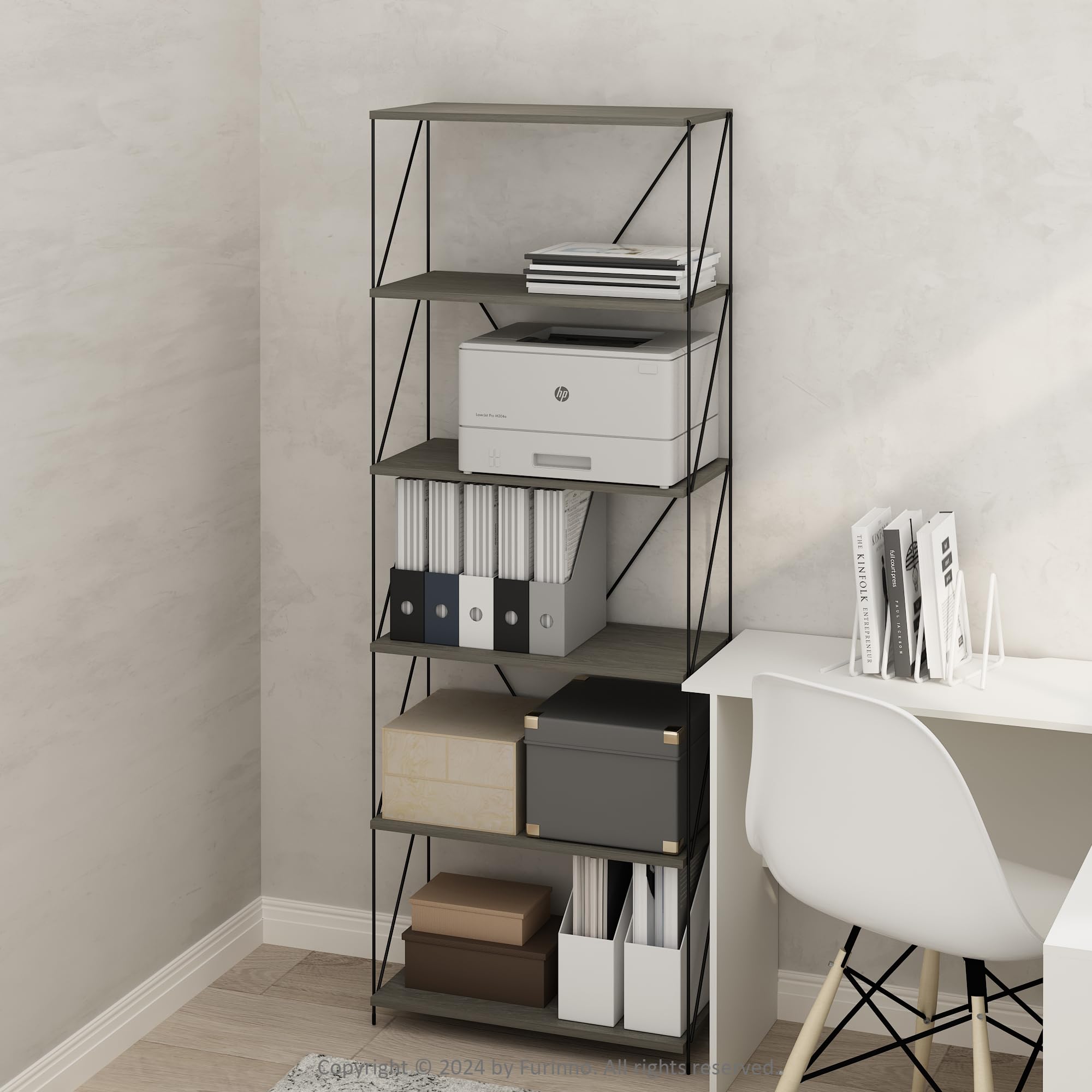 Furinno Wire 6-Tier Industrial Style Metal Frame Bookcase, Display Shelf, 24 Wide, Finn Oak