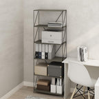 Furinno Wire 6-Tier Industrial Style Metal Frame Bookcase, Display Shelf, 24 Wide, Finn Oak