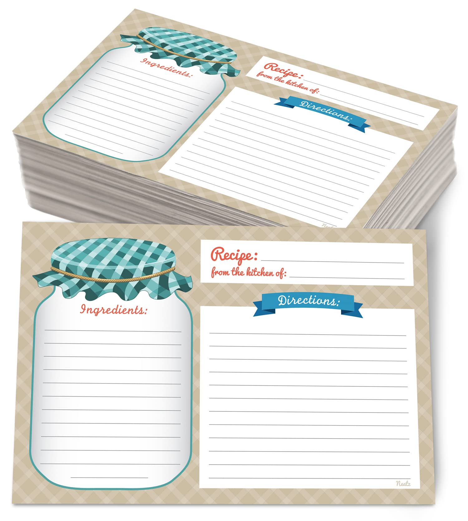 Neatz Mason Jar Recipe Cards - 50 Double Sided Cards, 4X6 Inches. Thick Card Stock