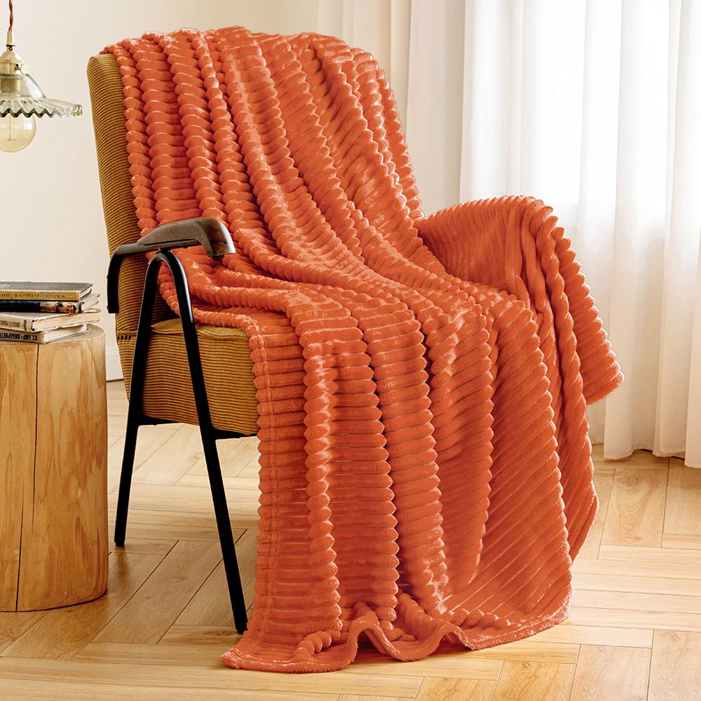Miulee Fleece Throw Blanket For Couch 300Gsm Super Soft Lightweight Plush Striped Blanket, Burnt Orange Warm Cozy Breathable Rib