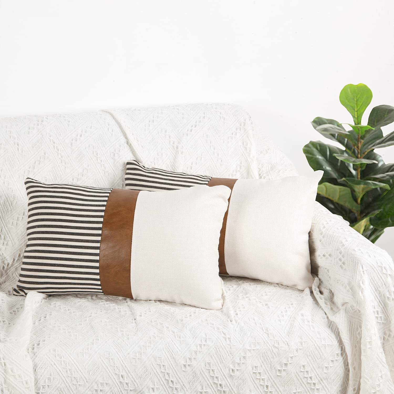 Cygnus 12X20 Pillow Covers Set Of 2 Farmhouse Decor Stripe Patchwork Linen Throw Lumbar Pillow Covers Modern Faux Leather Covers