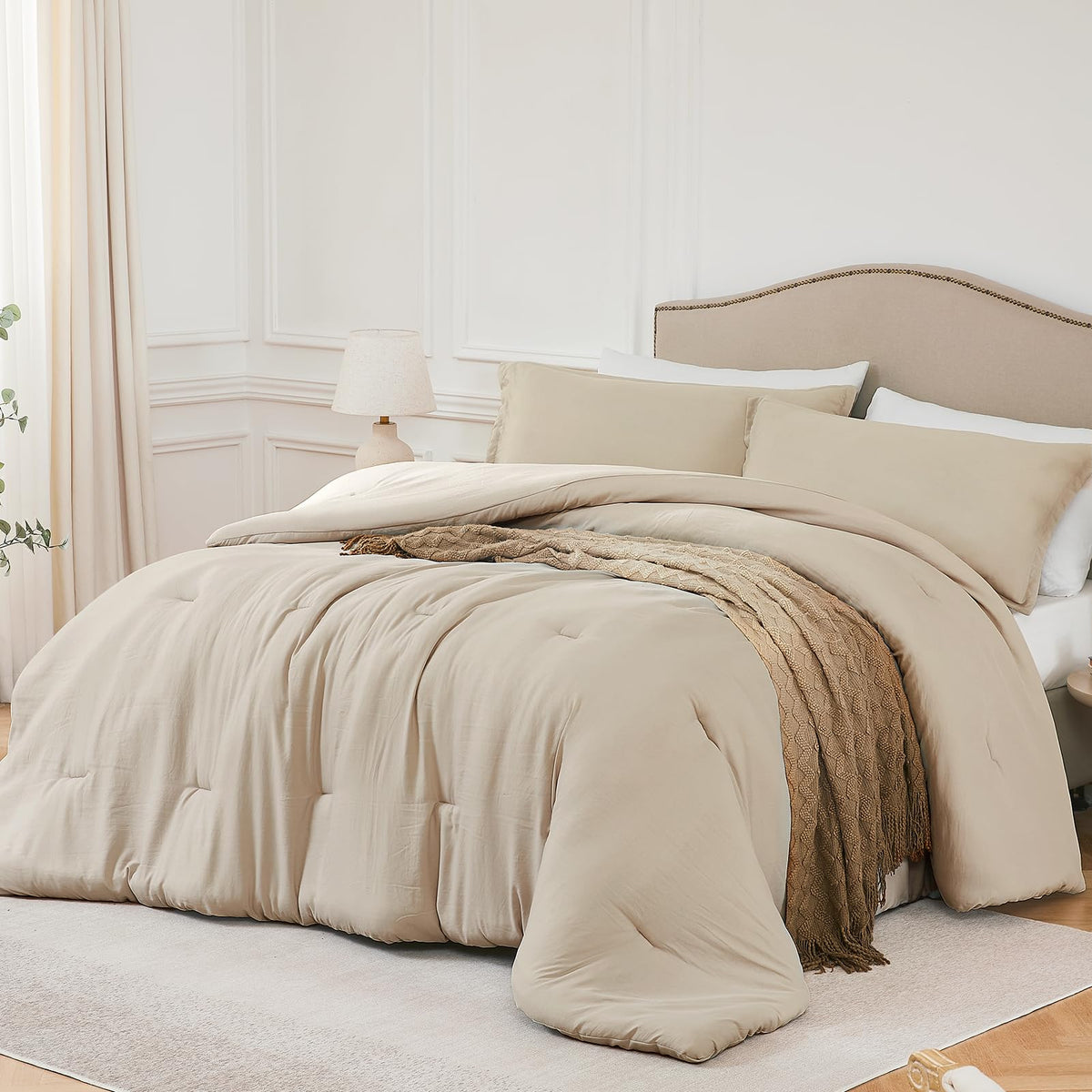 Quataly Full Comforter Sets Oatmeal,3Pcs Soft Lightweight Breathable Bedding Comforter Sets For All Season, Full Size(82''  86''