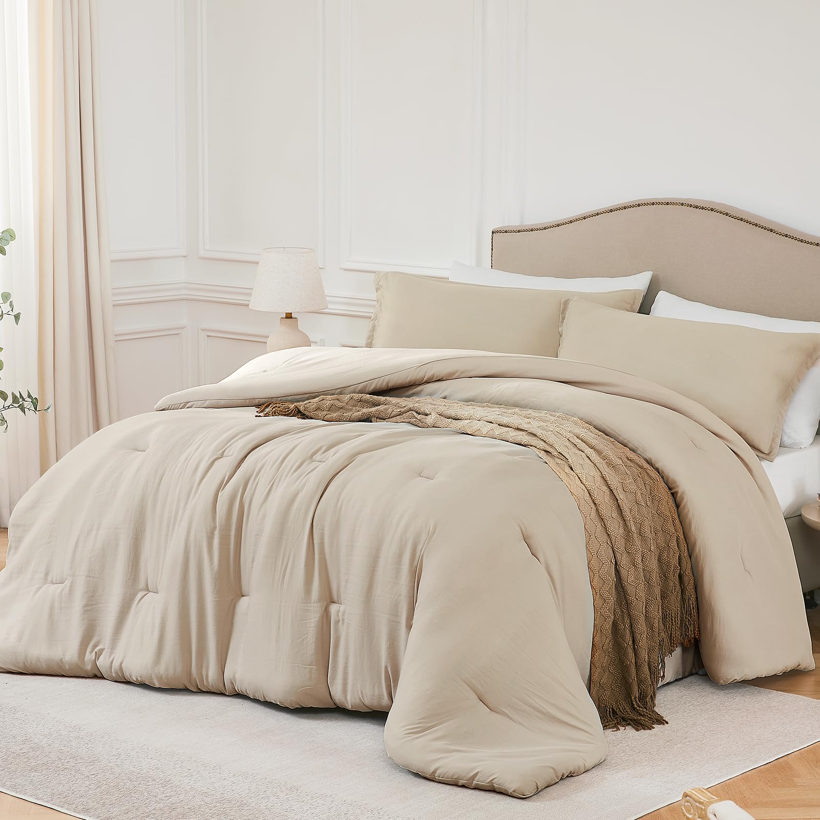 Quataly Queen Comforter Sets Oatmeal,3Pcs Soft Lightweight Breathable Bedding Comforter Sets For All Season, Queen Size(90''  90