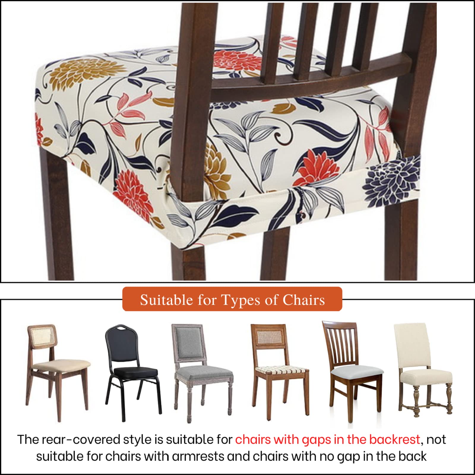 Searchi Water Repellent Dining Chair Seat Covers Set Of 6, Washable Stretch Seat Covers For Dining Chairs, Rear-Covered Dining R