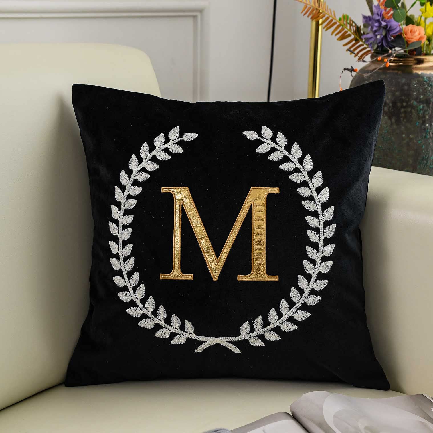 Decopow Black Velvet Throw Pillow Cover, Personalized Letter Embroidery Square 18 Inches Decorative Pillow Cover,Cover Only (M)