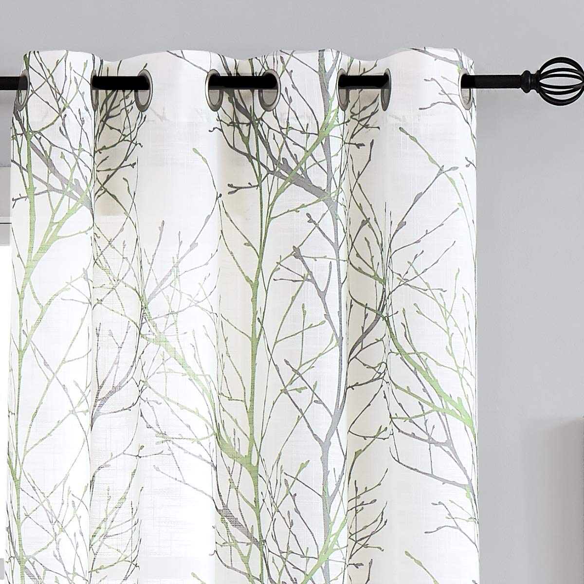 FMFUNCTEX Print Semi-Sheer White Curtains 45 inches Length Window Drapes with Green and Grey Branch Tree Curtain Set 2 Panels, G