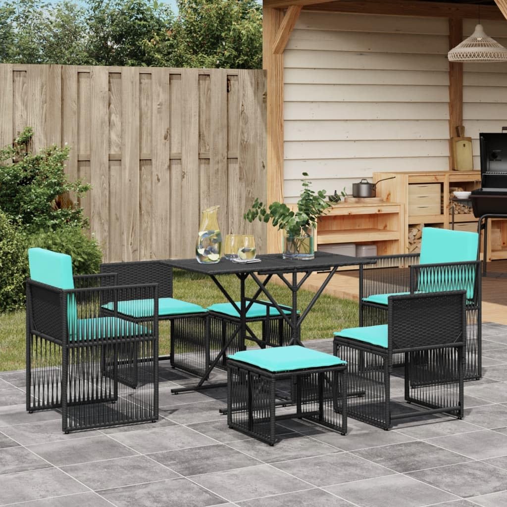 vidaXL Patio Dining Set with Cushions - 7 Piece Black Poly Rattan - Compact Outdoor Furniture for Garden, Patio, Backyard - UV-Resistant - Includes Table, Armchairs, Armless Chairs, Stools, Cushio...
