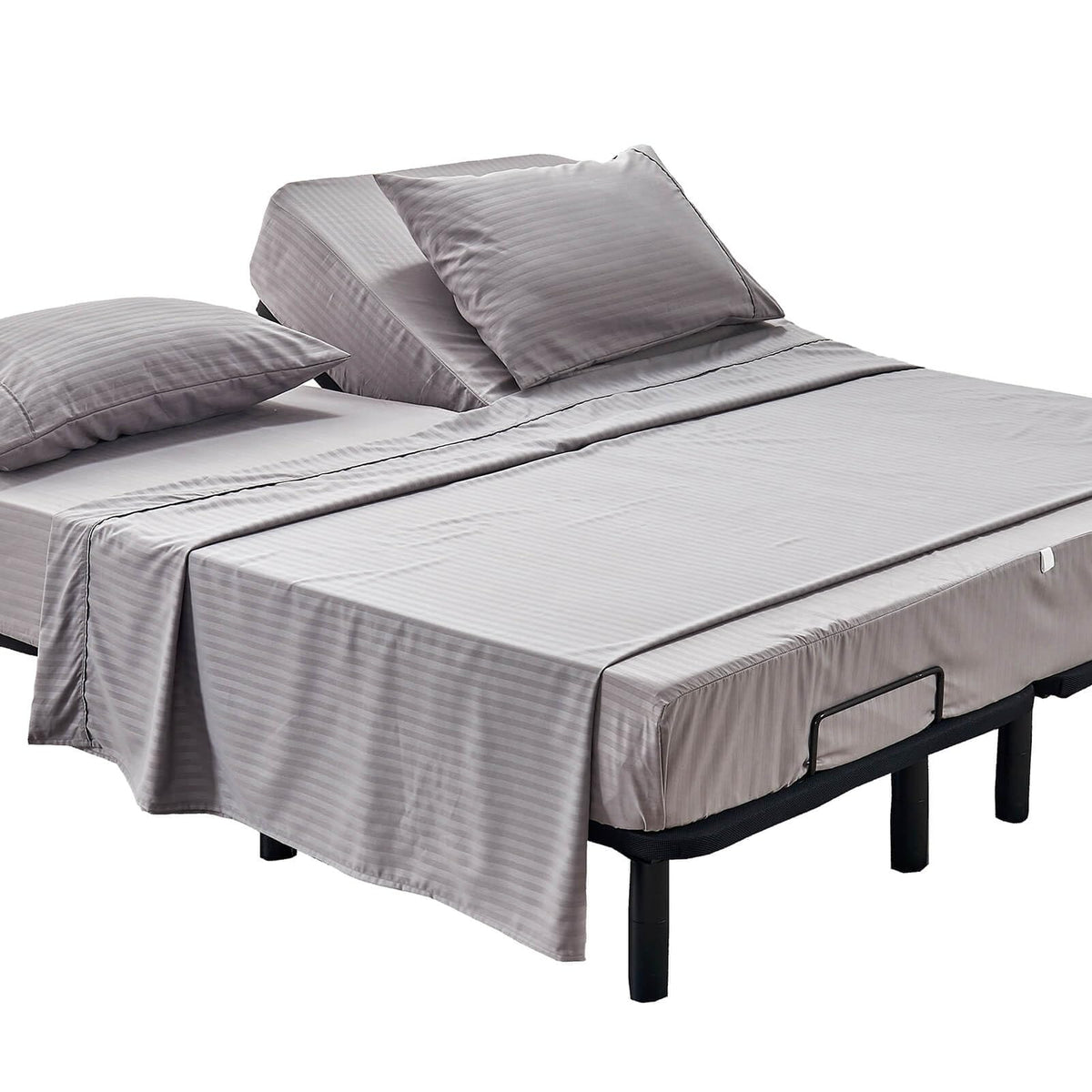 Kingnex Striped Split Top King Sheets Sets For Adjustable Bed With Strap Soft Brushed 1800 Microfiber 4 Pieces Flex Head King Be