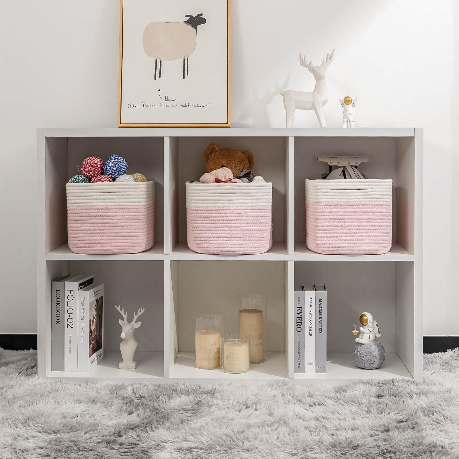 Kriitools Pink Girls Baby Nursery Rope Toys Baskets , Decorative Woven Storage Baskets For Gift, Cubes Storage Organizer Baskets