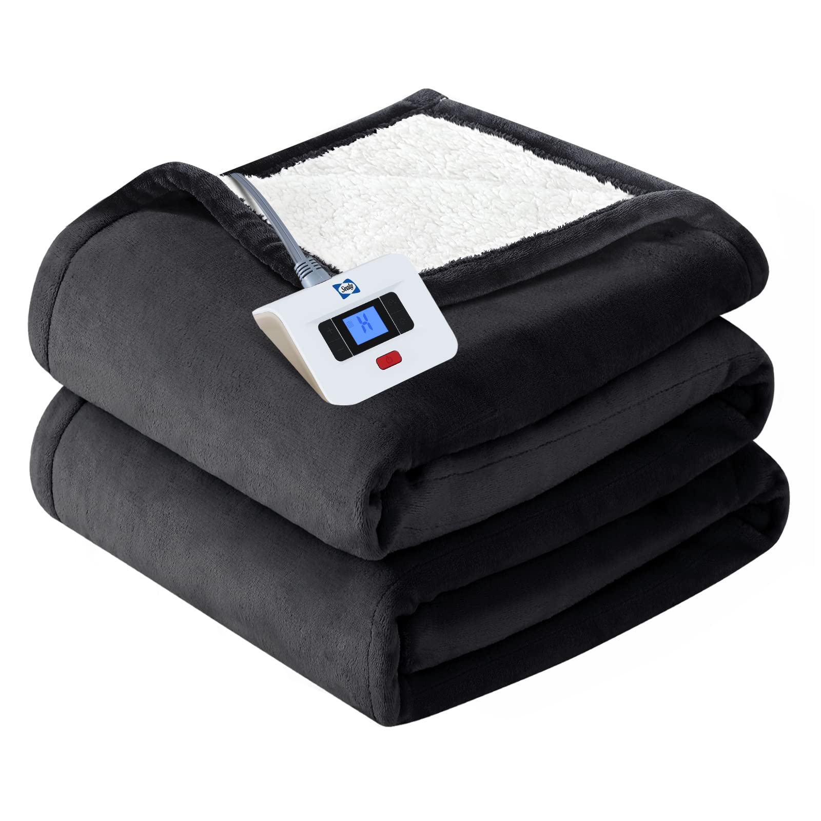 Sealy Heated Electric Blanket Full Size, Flannel & Sherpa Heating Blanket With With 10 Heating Levels & 1-12 Hours Auto Shut Off