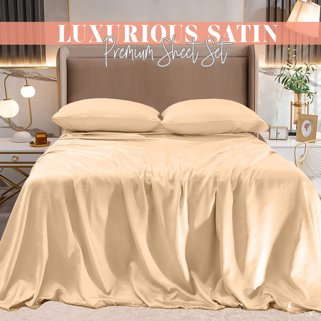 Elegant Comfort Luxurious 4-Piece Silky Satin Sheet Set, Skin And Hair Friendly, Wrinkle, Fade, Stain Resistant With Deep Pockets Fitted Sheet, Cooling Soft Satin Sheet Set, Cali King, Champaign