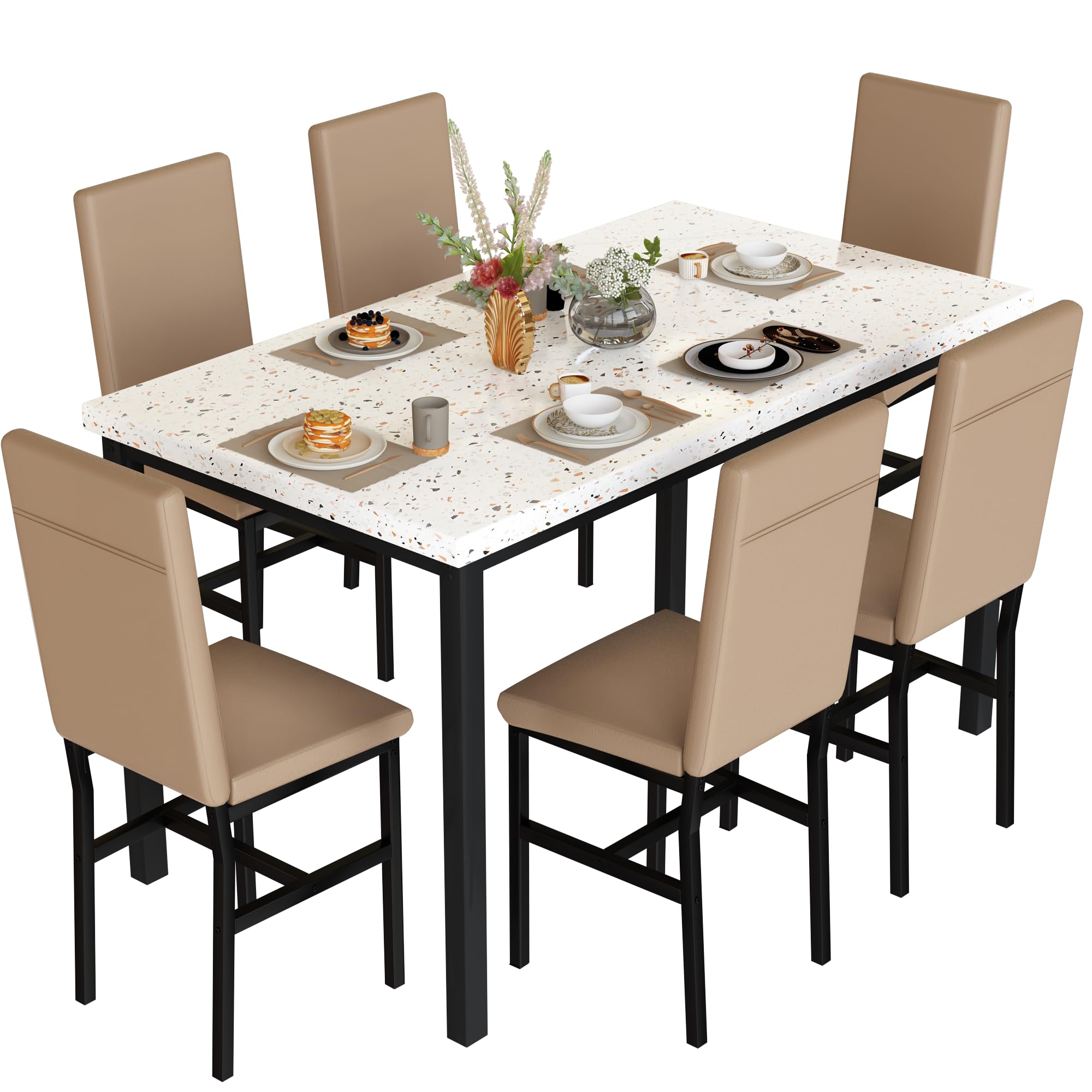 Lamerge Dining Table Set For 6,Faux Marble Dining Room Table With 6 Pu Leather Chairs, 7-Piece Kitchen Table And Chairs Set For