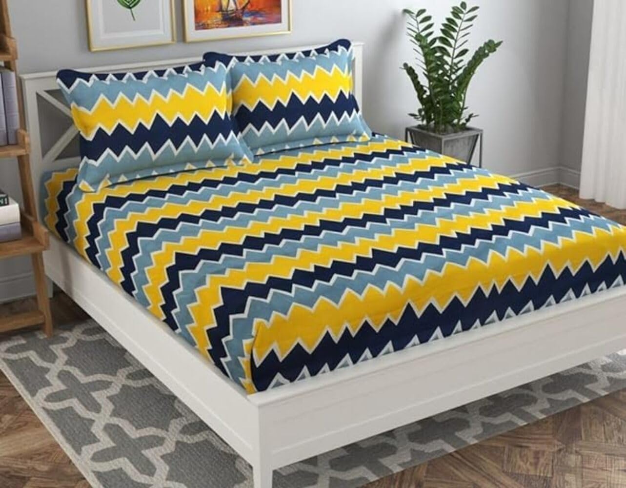 Tib Glace Cotton 78 X 72 Elastic Fitted Bedsheets King Size With 2 Pillow Covers, Pack Of 3, Yellow1