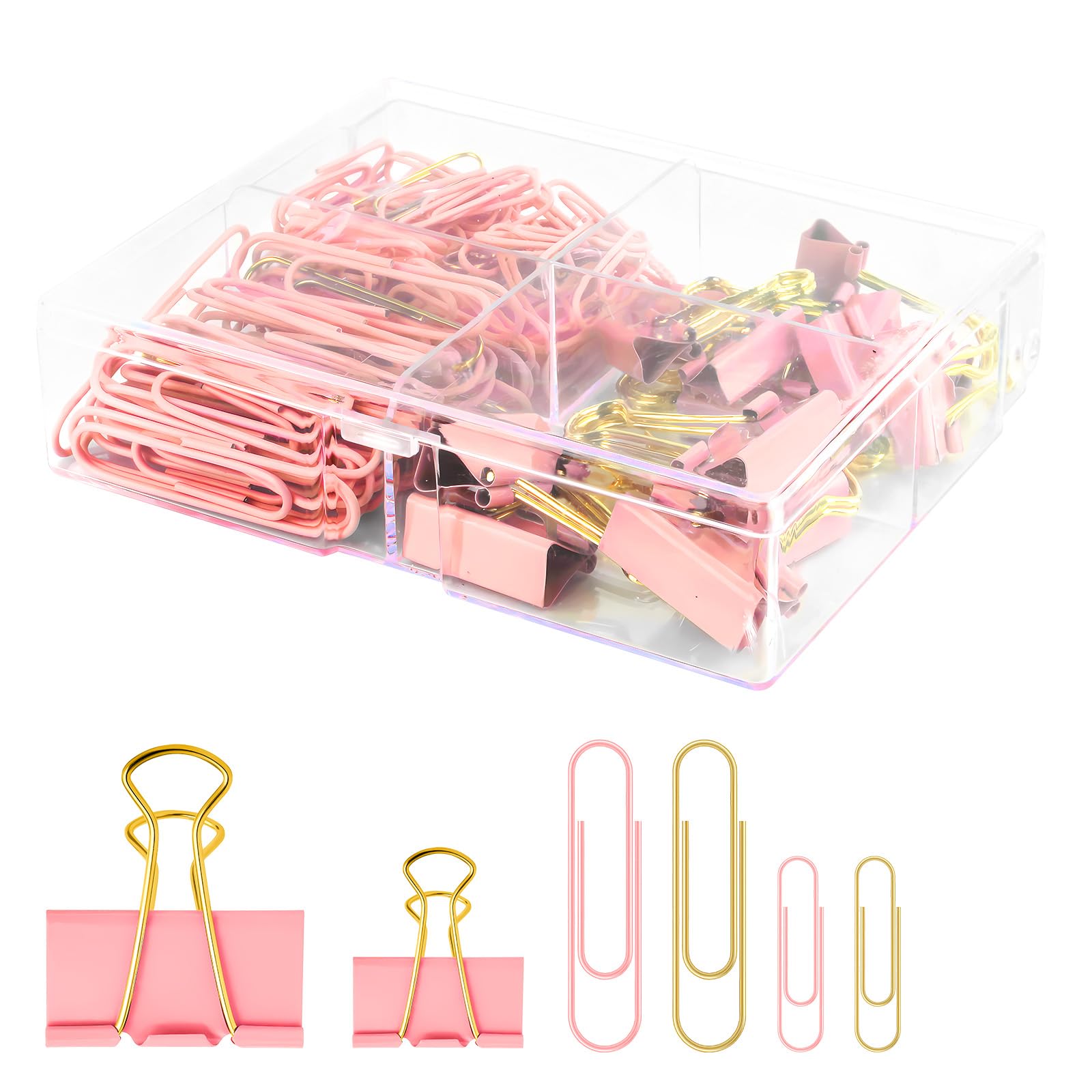 Creechwa Cute Paper Clips Binder Clips Combo Set, 165 Psc, Assorted Size Paper Clips For Office, Cute Office Supplies Set, Pink