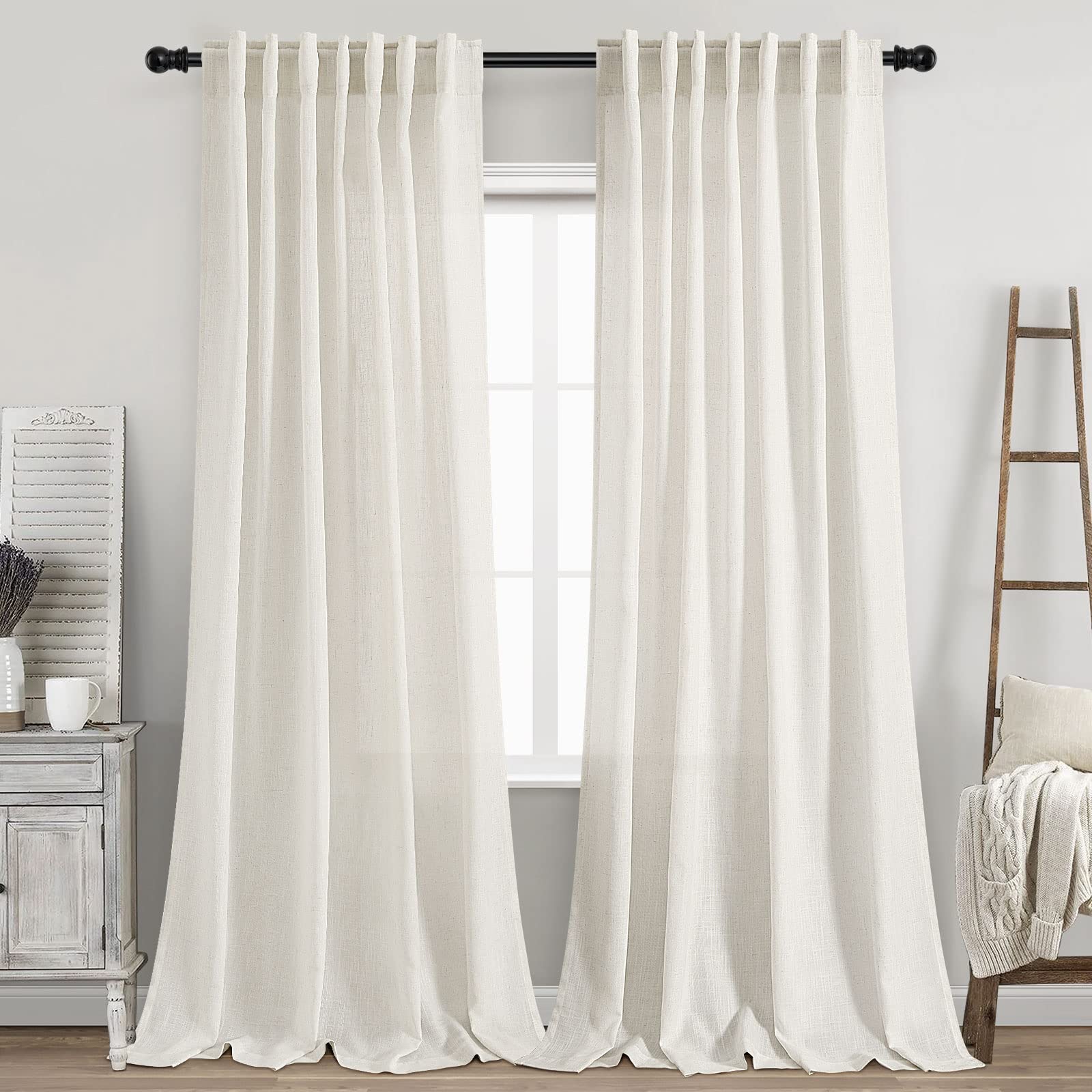 Back Tab Linen Curtains 96 inches Long 2 Panels Set for Living Room Sliding Glass Door Ivory Cream Semi Sheer Curtains Light Fil