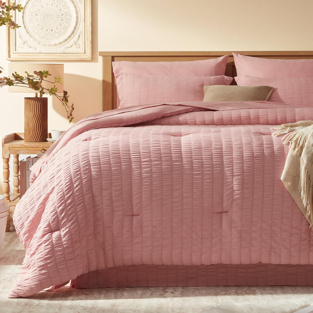 Laojin Balhen Twin Comforter Set 6 Pieces, Seersucker Bed In A Bag Twin, Pink Comforter With Sheets, Comforters Twin Size Beddin