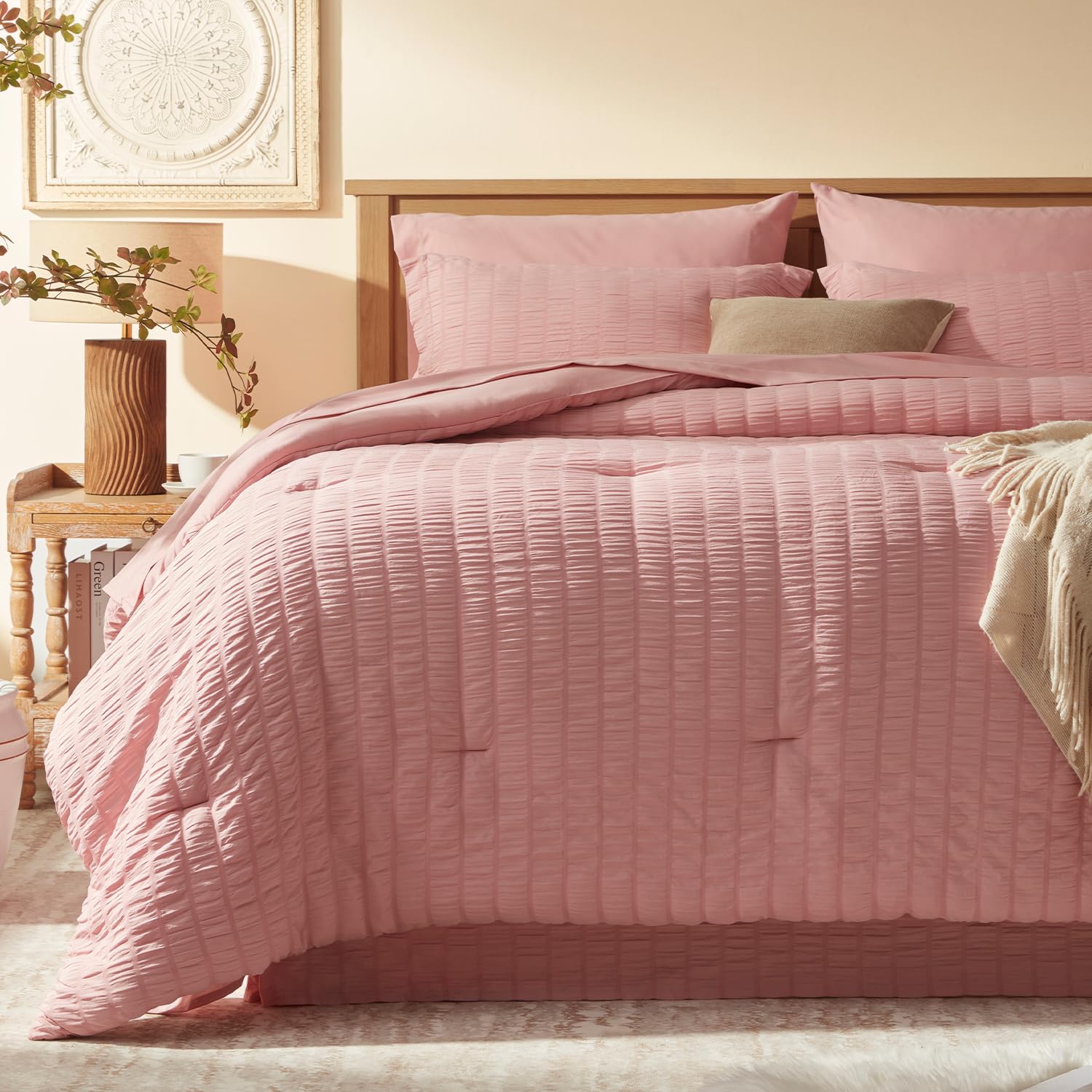Laojin Balhen Twin Comforter Set 6 Pieces, Seersucker Bed In A Bag Twin, Pink Comforter With Sheets, Comforters Twin Size Beddin