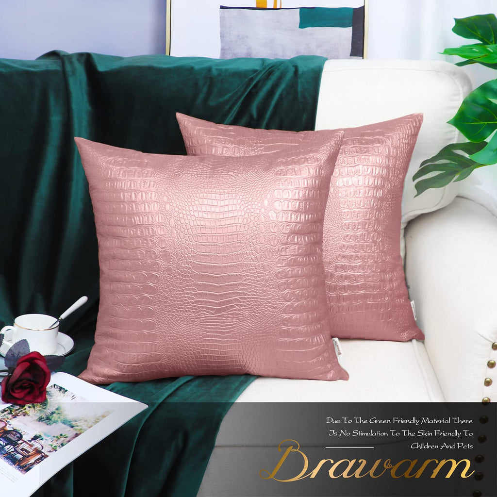 Brawarm Faux Leather Pillow Covers 16 X 16 Inches, Rose Gold Leather Pillow Covers Pack Of 2, Crocodile Leather Decorative Throw
