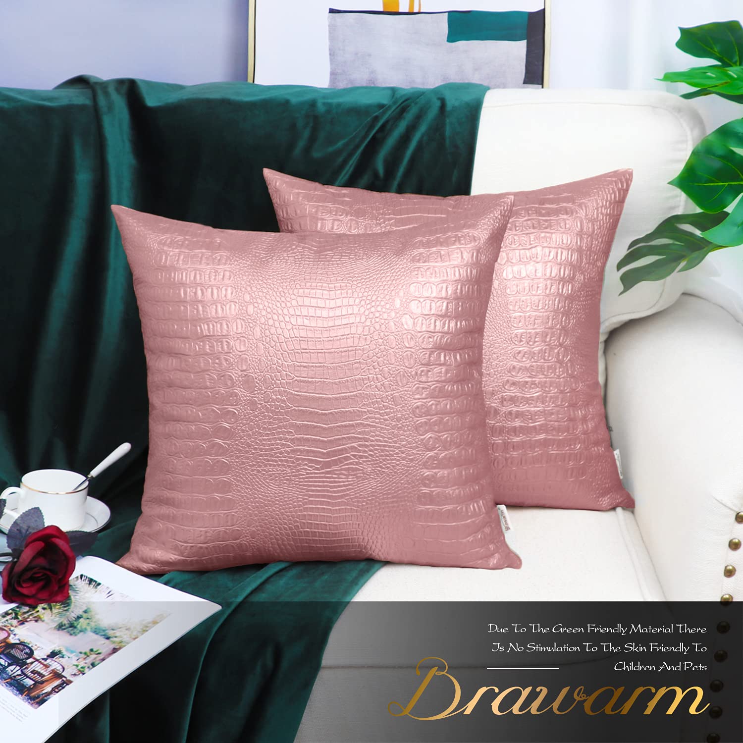 Brawarm Faux Leather Pillow Covers 16 X 16 Inches, Rose Gold Leather Pillow Covers Pack Of 2, Crocodile Leather Decorative Throw