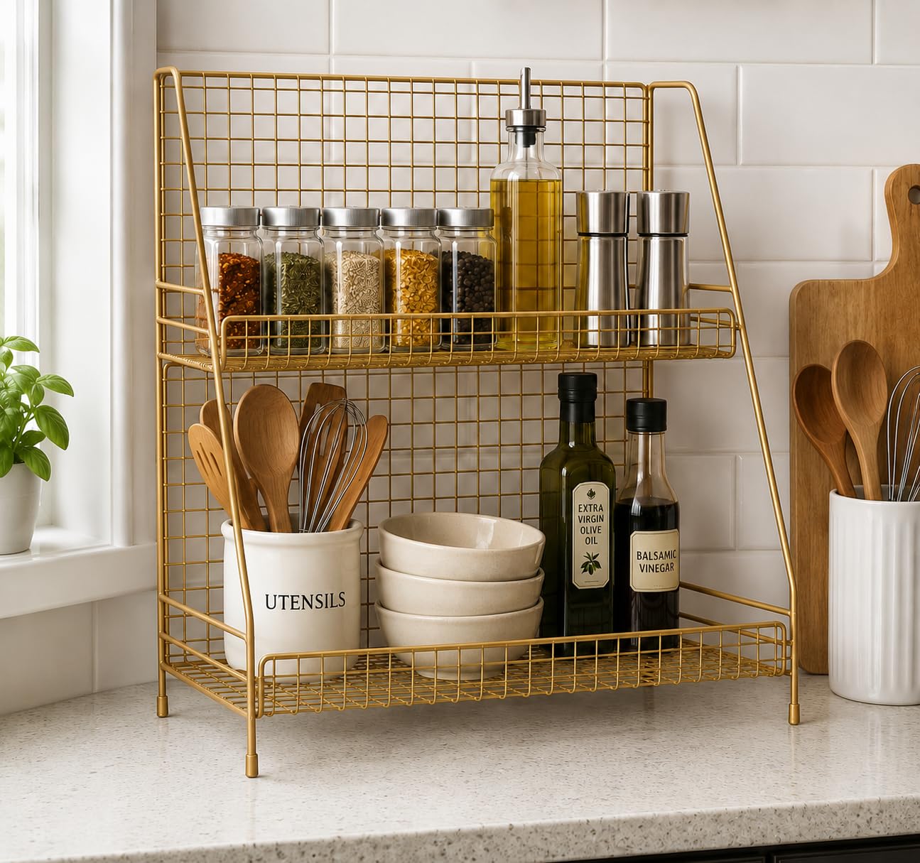 Ogfc 62490 Space Saving Golden 2Tier Organizer Rack, Wire Basket Storage Container Countertop Shelf For Kitchenware Bathroom Ca