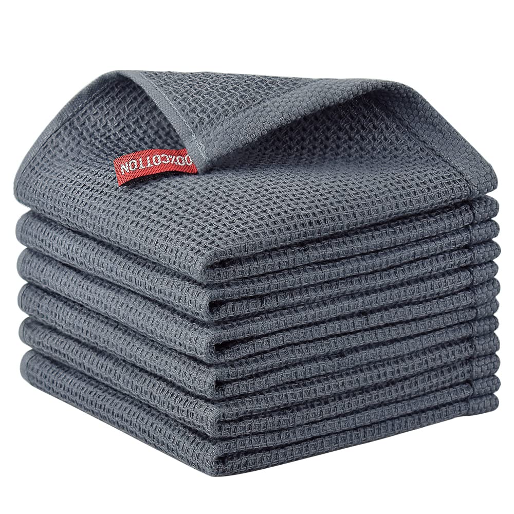 Nialnant 100% Cotton Waffle Weave Kitchen Towels,6 Pack Dish Cloths for Washing Dishes,Kitchen Dish Towels 12x12 Inches,Dark Gra