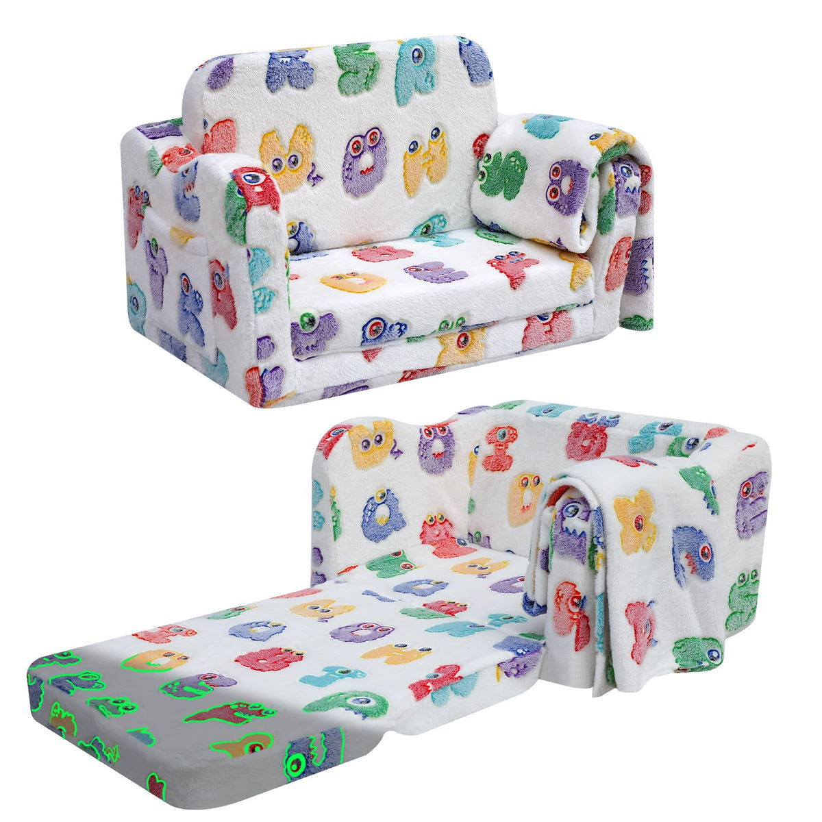 Folding Toddler Chair, Soft Plush Fold Out Kids Couch Sofa Glow in The Dark, Comfy Baby Recliner for Girls Boys (Glowing Alphabe