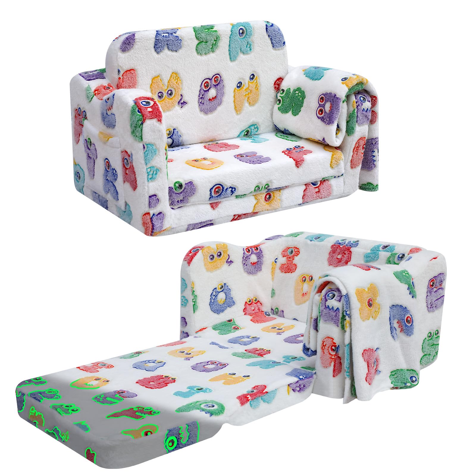 Folding Toddler Chair, Soft Plush Fold Out Kids Couch Sofa Glow in The Dark, Comfy Baby Recliner for Girls Boys (Glowing Alphabe