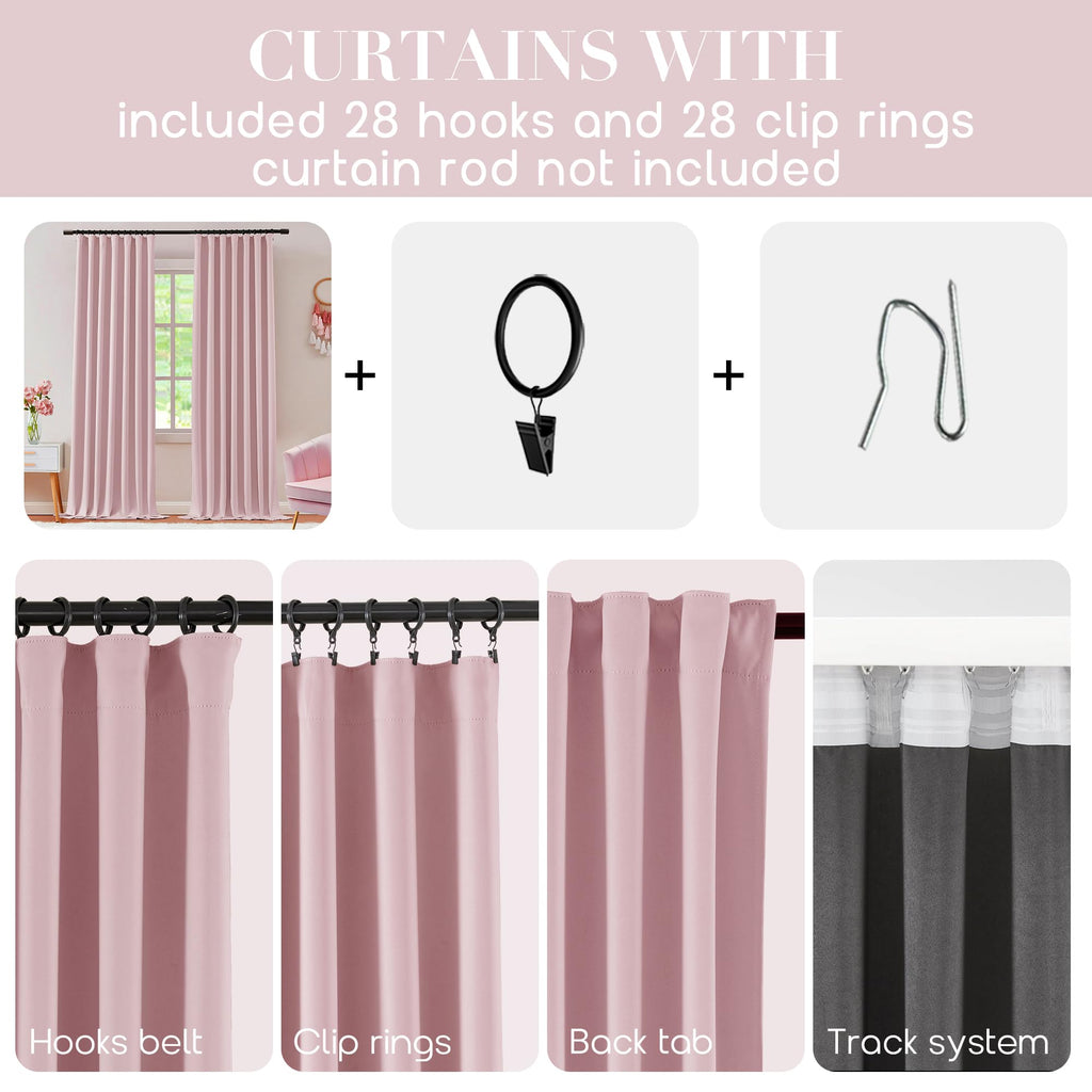 Shineland Pink Curtains 96 Inches Long 2 Panels 100% Blackout For Nursery Baby Room,Pretty Back Tab Pleated Boho Light Pink Ther