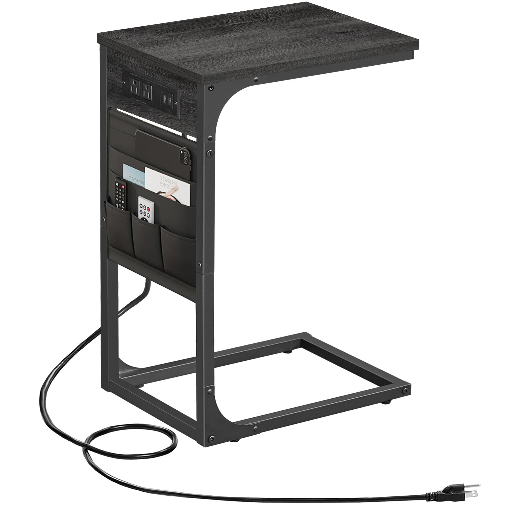 Tutotak C Shaped End Table With Charging Station, Side Table For Sofa, Couch Table With Storage Bag, Tv Tray Table With 2 Usb Ports And Outlets For Living Room, Bedroom, Tb01By024